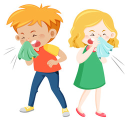 Wall Mural - Sick young children on white background