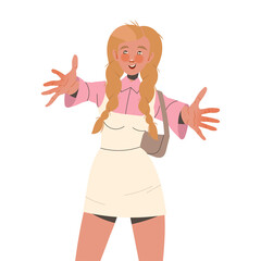 Wall Mural - Young Smiling Woman Outstretching Her Arms Showing Positive Hand Gesture Vector Illustration