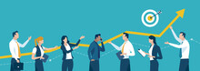 Success Strategy. A Group Of Business People Lifting A Business Curve. Business Vector Illustration.