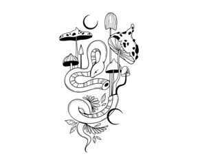 Wall Mural - mystical space snake with magic mushrooms isolated clip art on white, hand drawn mysterious composit