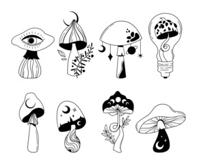Wall Mural - mystical space mushroom and moon isolated clip art bundle, hand drawn line celestial mushrooms, moon