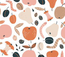 Organic Waste. Seamless Pattern With Worms And Fruits. Natural Print Design. Worm Composting Background. 