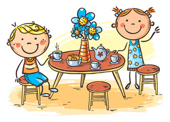 Leinwandbilder - Boy and girl drinking tea, kids at the table