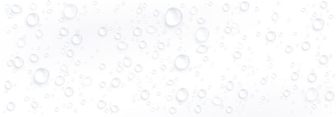 Poster - Clear water drops, dew or dripping rain droplets isolated on white background. Vector realistic set of pure aqua liquid flows, condensation on cool surface