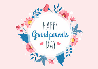  Happy Grandparents Day Cute Cartoon Illustration with Flower Decoration and Calligraphy in Flat Style for Poster or Greeting Card Background
