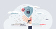 Cyber insurance with online internet danger protection tiny person concept. Locked key and shield as security for personal data and information leaking vector illustration. Encrypted chat connection.