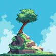 Beautiful landscape pixel art. Tree on hill, scenic view. 8 bit sprite. Game development, mobile app.  Isolated vector illustration.