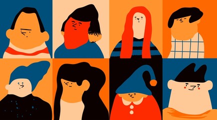 Wall Mural - Quirky portraits. Diverse people. Cute funny characters. Trendy modern art. Cartoon, minimal, abstract contemporary style. Avatar, icon, poster, logo templates. Hand drawn Vector isolated illustration