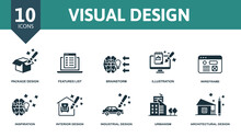 Visual Design Set Icon. Editable Icons Visual Design Theme Such As Package Design, Brainstorm, Wireframe And More.