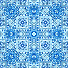 Naklejka na meble Blue white watercolor azulejos tile background. Seamless coastal geometric floral mosaic effect. Ornamental arabesque all over summer fashion damask repeat