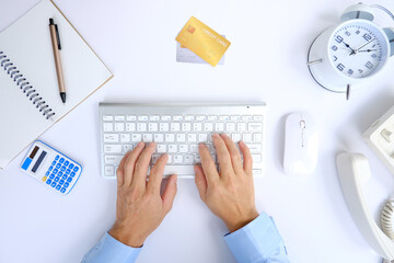 Poster - Mockup of a workspace desk in a flat lay top view. Image of a workspace with a laptop, smartphone, coffee, and notebook on background, desk concept.