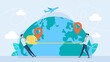 Tiny characters measure distance on the world map using a measuring tape. Travel duration. Two businessmen calculate the cost of delivery of goods. Flat design. Business illustration. Vector
