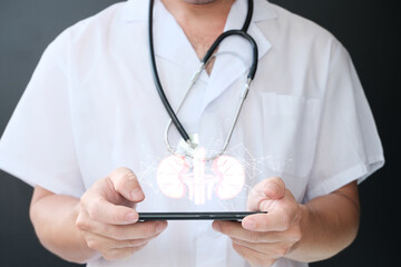 Sticker - Doctor holding a virtual Intestine in his hand. Human organ drawn by hand, healthcare hospital service concept, holographic bowel scan projection with vital signs.