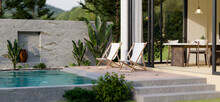 Modern Home With Swimming Pool Or Luxury Private Pool Villa Outdoor Design With Beach Chairs