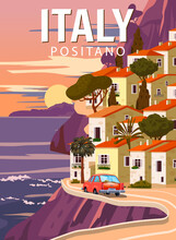 Retro Poster Italy, Mediterranean Romantic Landscape, Road, Car, Mountains, Seaside Town, Sailboat, Sea. Retro Travel Poster