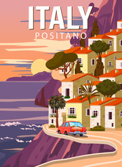 Wall Mural - Retro Poster Italy, mediterranean romantic landscape, road, car, mountains, seaside town, sailboat, sea. Retro travel poster