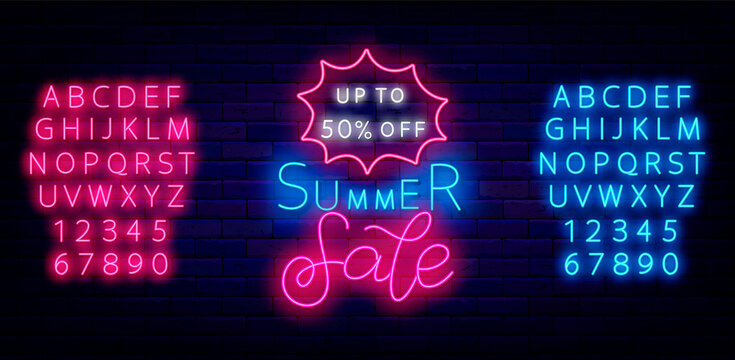Summer sale neon letering label with explosion bubble. Shiny blue and pink alphabet. Vector stock illustration
