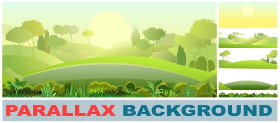 Wall Mural - Rural beautiful landscape. Cartoon style. Set parallax effect. Sunset Hills with grass and forest trees. Cool romantic beauty. Flat design illustration. Vector