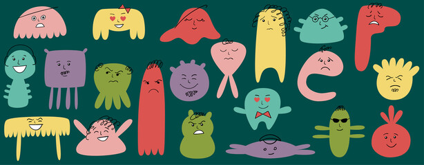 Wall Mural - Cartoon cute and funny monsters with positive and negative emotions.