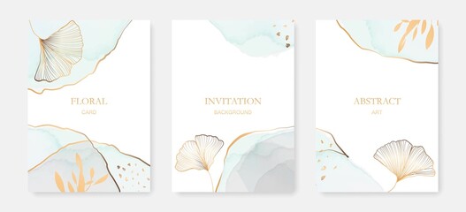 Wall Mural - Creative Botanical Hand Painted Abstract Minimalist Cards Set with Watercolor Elements and Line Art Hand Drawn Gingko Leaves. Vector Modern Design for Wall Decor, Card, Print, Poster or Cover.
