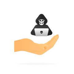 Poster - Hand holding hacker avatar. Realistic hand. White background. Vector illustration.