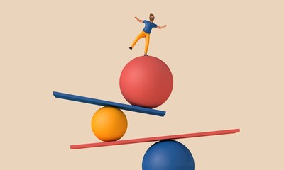 Aufkleber - A male character balancing on unstable shapes. 3D Rendering