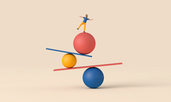 A male character balancing on unstable shapes. 3D Rendering