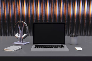 Aufkleber - Close up of modern designer desktop with empty black laptop screen with headset, pencils and other items. Metal bars background. Mock up, 3D Rendering.