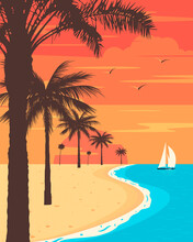 Sunset On Tropical Beach With Palm Tree. Sun On Evening Sea.