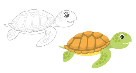 Wall Mural - Coloring page outline of cartoon turtle. Coloring book for children. Funny vector ocean animals, fish. Simple flat  illustration. 