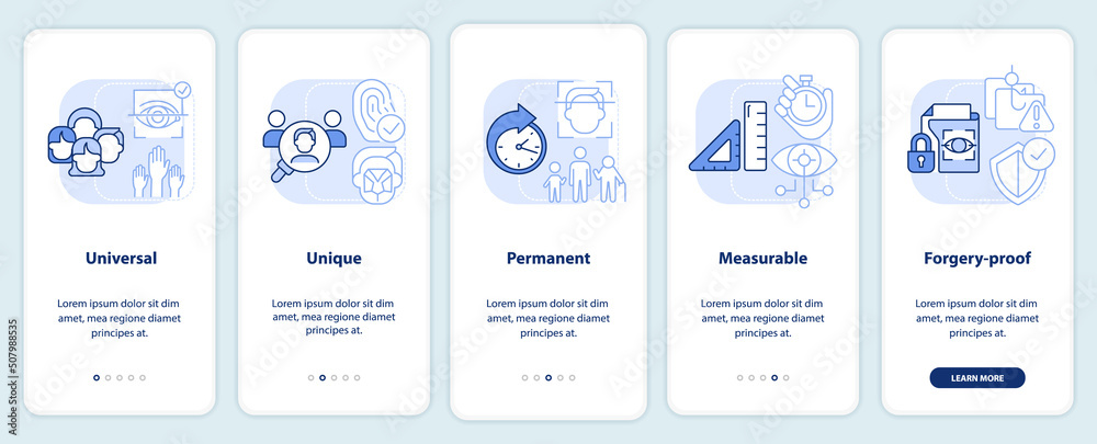 Advantages of biometric data light blue onboarding mobile app screen ...