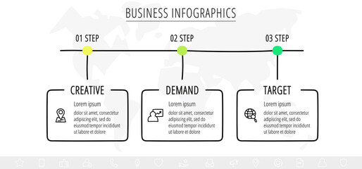 Vector line infographics with 3 rectangles. Business concept graphic process template with three steps and labels. Graphic timeline for step by step, app, website, interface, chart, levels, web