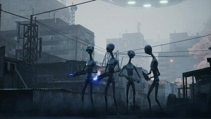 Poster - aliens from deep space with fantastic weapons take over the planet. apocalyptic atmosphere of a city