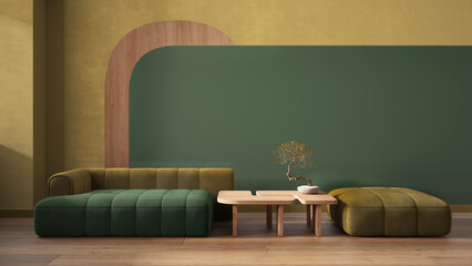 Wall Mural - Elegant living room close up in green tones, modern sofa and pouf, wooden side table with bonsai, concrete walls with decors. Parquet floor. Copy space. Contemporary interior design