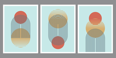 Wall Mural - abstract geometric art with arch and circles. modern boho background. line arc shapes, sun design. c