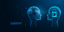 Abstract Empathy, Psychotherapy Concept With Glowing Low Polygonal Human Heads With Lock And Key 