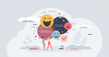 Sentiment Analysis And Written Text Emotion Recognition Tiny Person Concept. Identify Customer Opinion Using Automated AI Machine Technologies With Voice And Chat Processing Tools Vector Illustration.