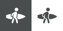 Beach Holidays. Logo Surf. Icono Plano Silueta De Surfista Con Tabla En Fondo Gris Y Fondo Blanco