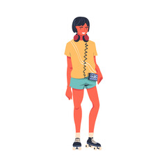 Wall Mural - Retro Dressed Man Roller Skater in Shorts with Tape-recorder Roller Skating and Smiling Vector Illustration