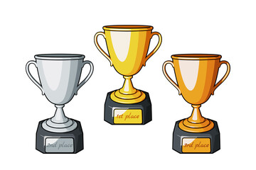 Wall Mural - Set of Golden, Silver and Bronze trophy cup or champion cup. First, second and third place in the competition. Vector illustration in comic cartoon style on a white background