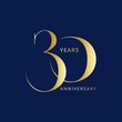 30 Year Anniversary Logo, Golden Color, Vector Template Design element for birthday, invitation, wedding, jubilee and greeting card illustration.