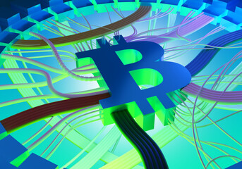 Poster - Bitcoin wallpaper. Letter B with wires and connectors. Modern technological wallpaper. Bitcoin wallpaper with neon color. Virtual blockchain payments. Digital bitcoin backdrop. 3d rendering.