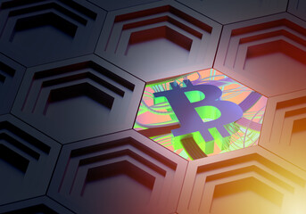 Poster - Bitcoin wallpaper. Background for advertising Bitcoin currencies. Stylish technological background. Geometric cells with blockchain logo. Electronic currency Bitcoin. B letter with wires. 