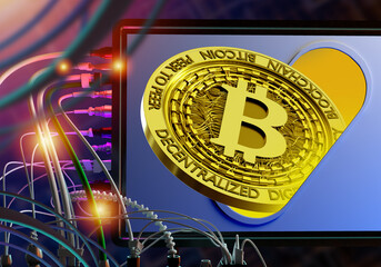 Poster - Bitcoin currency. Buying and selling blockchain currencies. Bitcoin online wallets. Cryptocurrency symbol and electrical wires. Investing in Bitcoin. Cryptocurrency trading with money. 3d image.