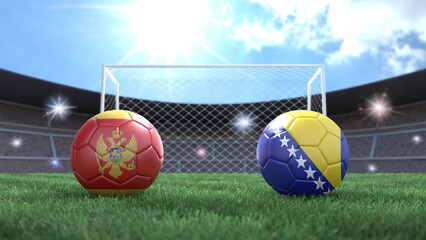 Two soccer balls in flags colors on stadium blurred background. Montenegro and Bosnia. 3d image