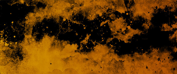 Wall Mural - Dark gold and black background. Abstract beige or gold smoke fog or clouds in center with dark border grunge design.  watercolor hand drawn illustration. gold watercolor leaks.	