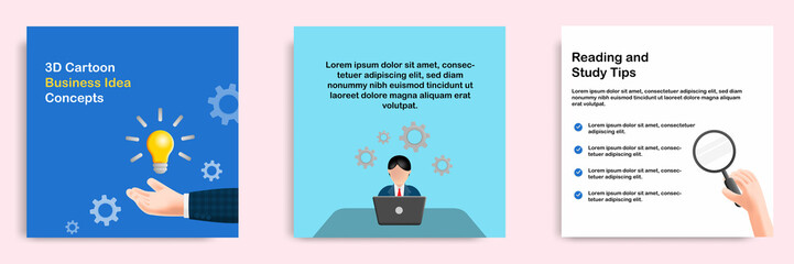 Social media tutorial, tips post banner layout template in 3D cartoon style. Business idea development concept