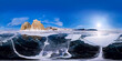 Shaman Rock on Olkhon Island in winter, surrounded by the blue ice of Lake Baikal with cracks. Panorama 360 180 degree