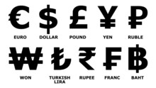 Most Used Currency Symbols On White Background.