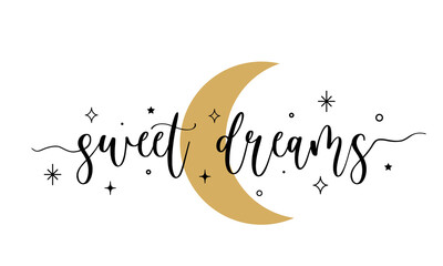 Vector illustration of Sweet Dreams handwritten modern brush lettering with moon and stars. Banner design, poster, print, flyer, calligraphy isolated on white background